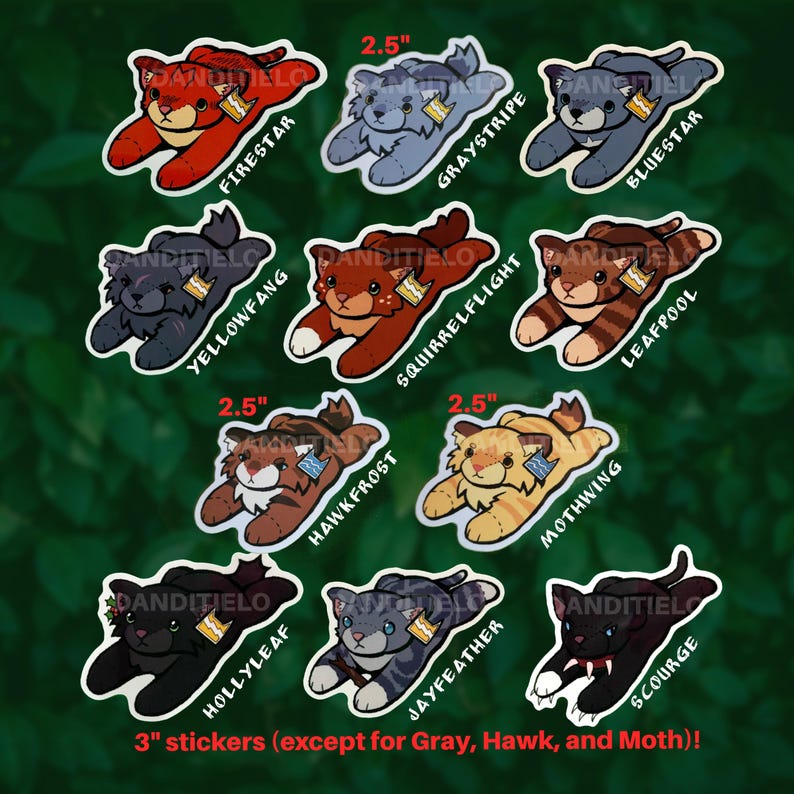 May include: A collection of eleven cat-shaped stickers featuring various characters labeled Firestar, Graystripe, Bluestar, Yellowfang, Squirrelflight, Leafpool, Hawkfrost, Mothwing, Hollyleaf, Jayfeather, and Scourge. Some stickers are 2.5 inches and others are 3 inches.