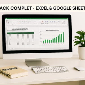 May include: A computer screen shows an Excel spreadsheet with charts and data. A book labelled "ECONOMICS" and a keyboard are on the white desk. A small potted plant is to the right. The text at the top says "PACK COMPLET • EXCEL & GOOGLE SHEETS".