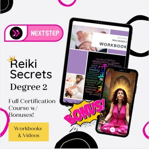 May include: An advertisement for a Reiki Degree 2 course. The image shows a tablet and a smartphone displaying course content. Text includes "Reiki Secrets Degree 2" and "Workbooks & Videos." A woman in pink is meditating on the phone screen.