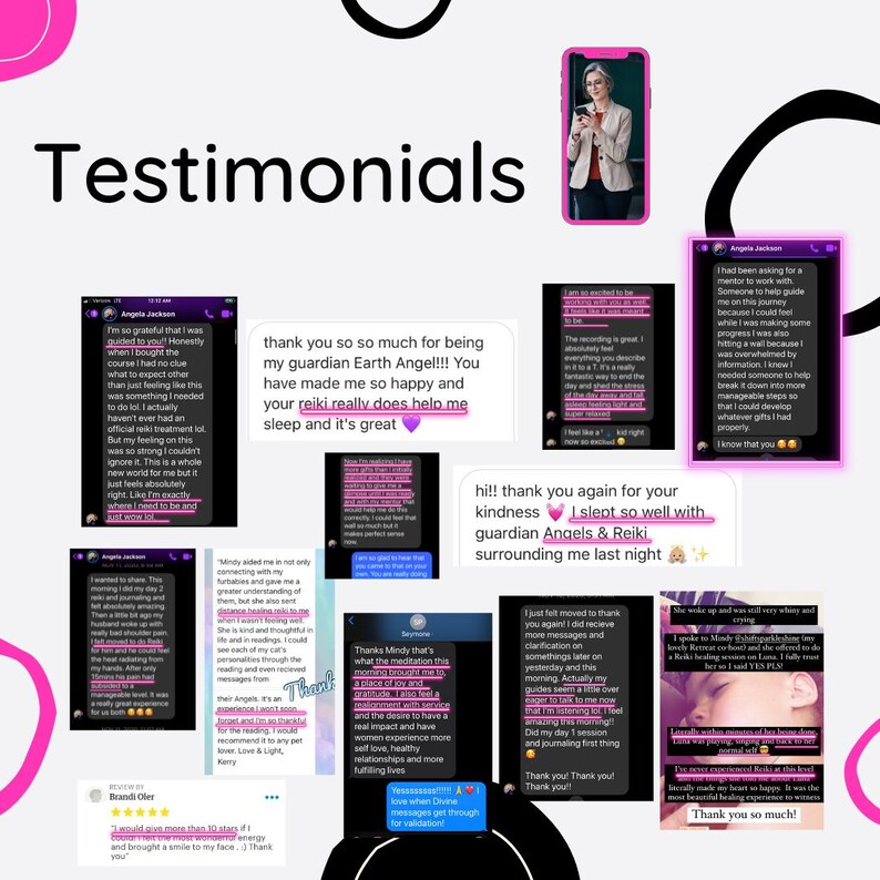 以下が含まれることがあります： ピンクと紫の色合いの顧客の声のコラージュ。「Testimonials」の文字が上部に表示されています。お客様の声は、レイキ、守護天使、より良い睡眠について語っています。女性が右上の電話に表示されています。