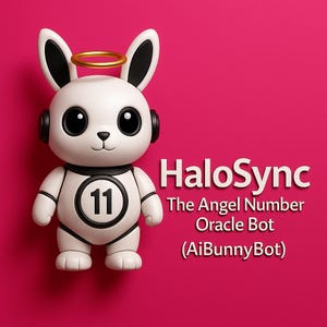 May include: A 3D rendered white bunny robot with black accents, wearing headphones and a halo, and the number 11 on its chest. The text "HaloSync" and "The Angel Number Oracle Bot (AiBunnyBot)" are displayed on a pink background.