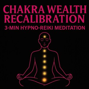 以下が含まれることがあります： 黒い背景にマゼンタ色の文字でCHAKRA WEALTH RECALIBRATION、3-MIN HYPNO-REIKI MEDITATIONと書かれた画像。その下には、あぐらをかいて瞑想する人物のマゼンタ色の輪郭線と、7つの光る黄色の円形ポイントが描かれています。