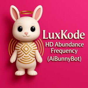 Könnte beinhalten: Eine 3D-gerenderte weiße Hasenfigur mit goldenem Heiligenschein und goldenem geometrischen Design auf der Brust. Der Text "LuxKode HD Abundance Frequency (AiBunnyBot)" wird weiß auf pinkfarbenem Hintergrund angezeigt.