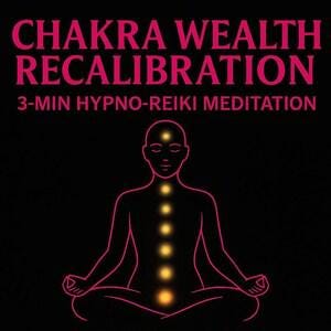 以下が含まれることがあります： 黒い背景にネオンピンクのグラフィックで「CHAKRA WEALTH RECALIBRATION」と「3-MIN HYPNO-REIKI MEDITATION」の文字が表示されています。テキストの下には、背骨に沿って光る点が描かれた、座禅の姿勢をとる人物の線画があります。