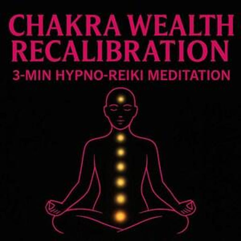 以下が含まれることがあります： 黒い背景にネオンピンクのグラフィックで「CHAKRA WEALTH RECALIBRATION」と「3-MIN HYPNO-REIKI MEDITATION」の文字が表示されています。テキストの下には、背骨に沿って光る点が描かれた、座禅の姿勢をとる人物の線画があります。