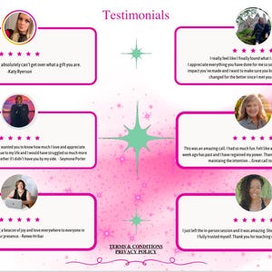 以下が含まれることがあります： 上部に「Testimonials」という言葉が入ったピンクと白のグラフィック。グラフィックには、それぞれ写真、引用、5つ星評価が付いた6つのクライアントの推薦文が含まれています。グラフィックの下部には、「利用規約」と「プライバシーポリシー」という言葉が含まれています。
