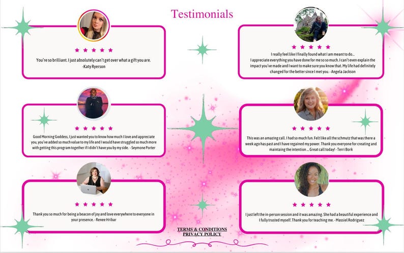 以下が含まれることがあります： 上部に「Testimonials」という言葉が入ったピンクと白のグラフィック。グラフィックには、それぞれ写真、引用、5つ星評価が付いた6つのクライアントの推薦文が含まれています。グラフィックの下部には、「利用規約」と「プライバシーポリシー」という言葉が含まれています。