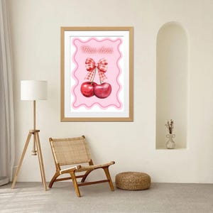 Cherry Printable Wall Art | Mon Chéri Digital Download | Cute Pink Bow Retro French Aesthetic Decor
