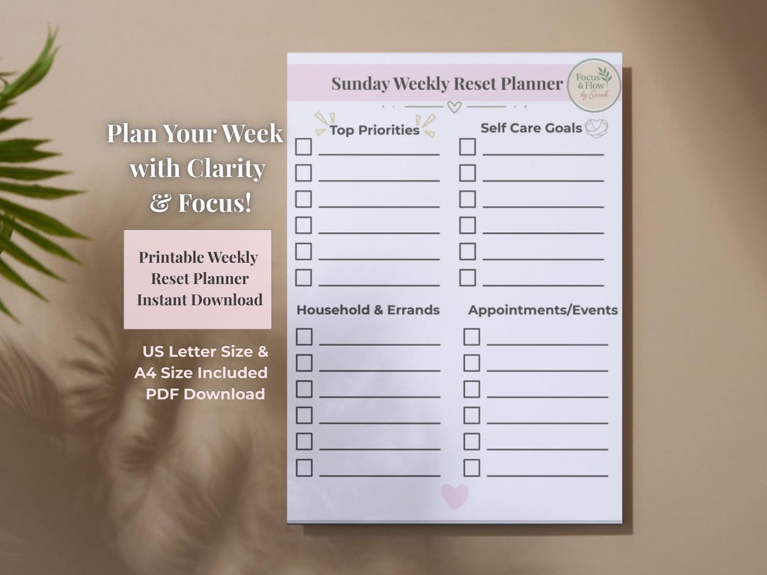 Sunday Weekly Reset Planner – Printable PDF, Weekly Planning, Mindful ...
