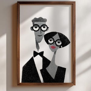 Mid-Century Couple Black & White Print, Retro Modern Wall Art, Romantic Digital Download