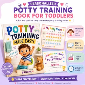 Peut inclure: Un livre d'apprentissage de la propreté personnalisé pour tout-petits avec une couverture montrant un enfant sur un pot, un tableau de suivi My Potty Chart et un certificat Congratulations You Are A Potty Hero en format PDF numérique.