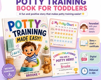 Peut inclure: Un livre d'apprentissage de la propreté personnalisé pour tout-petits avec une couverture montrant un enfant sur un pot, un tableau de suivi My Potty Chart et un certificat Congratulations You Are A Potty Hero en format PDF numérique.