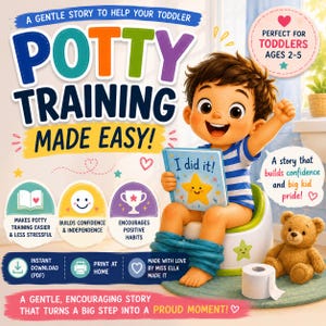 Peut inclure: Couverture de livre pour enfants "Potty Training Made Easy!". Un garçon de dessin animé est assis sur un pot, tenant un livre avec "I did it!". Le livre vise à renforcer la confiance et à encourager les bonnes habitudes chez les tout-petits de 2 à 5 ans.