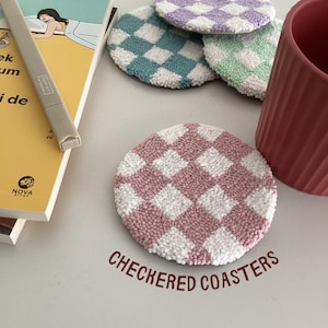 Checkered Punch Needle Coaster: Y2K Mug Rug, Cotton Yarn