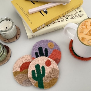 Punch Needle Mug Rug Coaster: Handmade Cotton Yarn Coasters