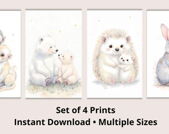 Conjunto de estampados de animales para bebés: Arte de acuarela neutro para guardería (descarga digital)