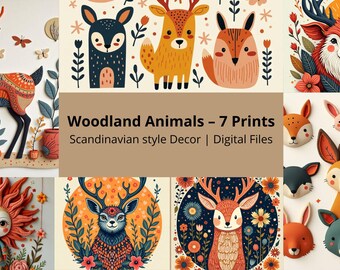 Láminas infantiles de animales del bosque: Arte mural escandinavo (descarga digital, juego de 7)