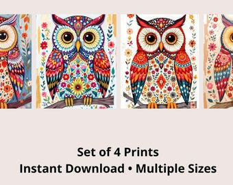 Conjunto de estampados de búhos bohemios coloridos: decoración para habitaciones infantiles y de bebés (descarga digital)