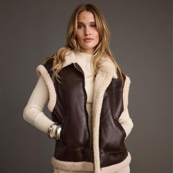 Women's Oversized Shearling Brown Genuine Leather Vest: Western Vintage Style