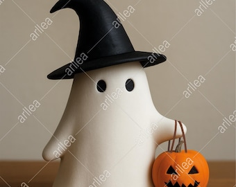 3D Printable Halloween Ghost: Witch Hat & Pumpkin STL Model (Digital Download)