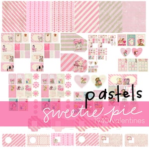 SWEETIE PiE PASTELS Retro Vintage Rojo y Rosa 1940s Inspirado Kit de Papel del Día de San Valentín - Tarjetas DIY Artesanales Imprimibles, Etiquetas, Decoración formato pdf