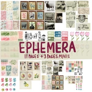 Kit de diario basura vintage Cottagecore, cordero y flores, paquete de papel imprimible, más de 150 efímeras, fondos, portadas de libros, álbumes de recortes, manualidades con papel