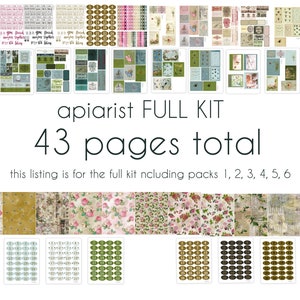 Apiarist Vintage Mixed Media Azul, Crema, Verde Floral Digital Paper Bee 43 páginas y 746 piezas PDF