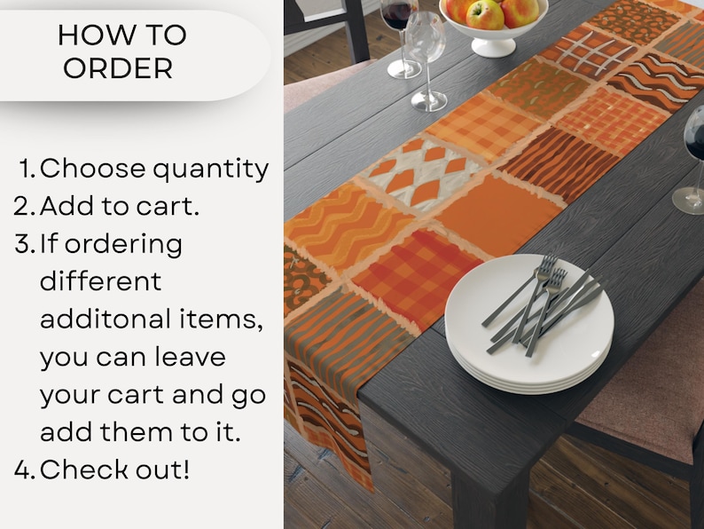 Op de afbeelding: Een rechthoekige tafelloper met een patchworkontwerp van diverse oranje, bruine en cr&egrave;mekleurige patronen, waaronder ruiten, strepen en argyle. De afbeelding bevat tekstinstructies: HOW TO ORDER, 1. Choose quantity, 2. Add to cart, 3. If ordering different additional items, you can leave your cart and go add them to it, 4. Check out!