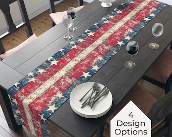 4th of July Table Decor - Patriotic Table Runner - American Flag Tablecloth - Independence Day Runner - Rustic Farmhouse Americana Dining