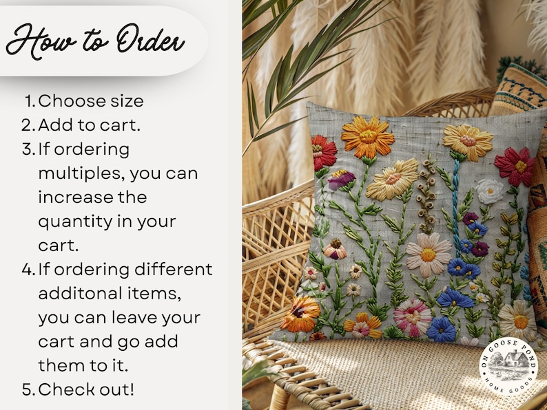 Pu&ograve; includere: Cuscino ricamato con un motivo floreale su sfondo grigio. I fiori sono nei toni del giallo, rosso, bianco e blu. Il testo "How to Order" &egrave; in alto, con passaggi numerati sotto.