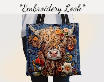 Bolsa de mano con diseño de vaca de las Tierras Altas con bordado - Regalo floral de vaca de las Tierras Altas - Regalo para chica de campo