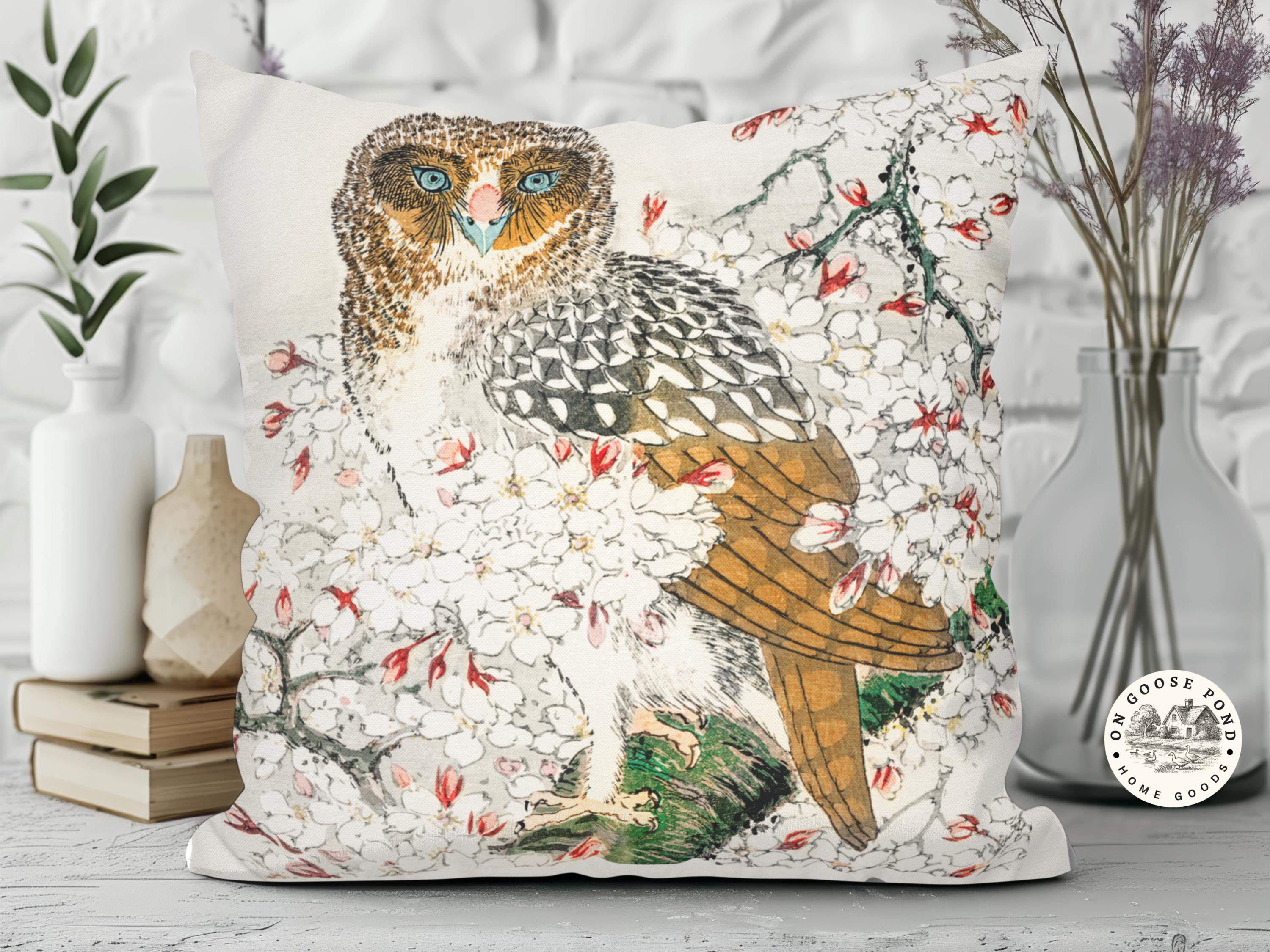 Japanese Owl Art Throw Pillow – Bird Decor Pillow Cover - Watercolor Owl Decor Gift