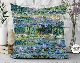 Monet Water Lilies Pillow Cover - Impressionistic Art Throw Pillow  - Blue Green Boho Decor Accent