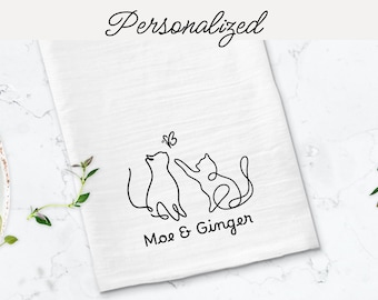 Personalized Kitty Kitchen Towel - Custom Gift For Cat Mom - 2 Cats Minimalistic Tea Towel
