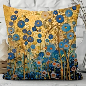 Artistic Floral Nature Pillow Cover - Blue and Gold Home Decor Sofa Pillow - Klimt Style Art Accent Pillow