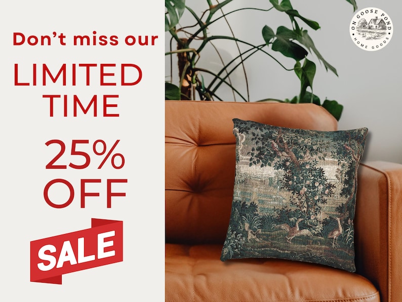 May include: A cushion with a forest scene design featuring deer and trees, placed on a brown leather sofa. The image includes text that says "Don't miss our LIMITED TIME 25% OFF SALE."