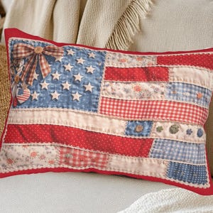 Patchwork Print American Flag Lumbar Pillow - Country Farmhouse Sofa Pillow - Americana Decor