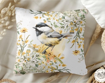 Chickadee Pillow Cover - Bird Lover Gift - Spring Cottagecore Cushion - Nature Decor Accent