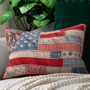 Patchwork Print American Flag Lumbar Pillow - Country Farmhouse Sofa Pillow - Americana Decor