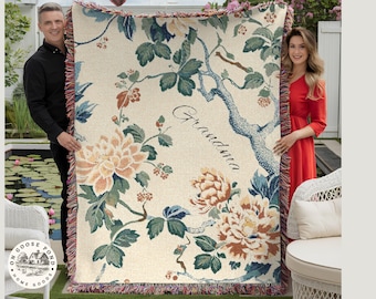 Personalized Chinoiserie Floral Woven Blanket - Custom Grandma Gift for Mothers Day