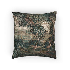 Verdure French Tapestry Pillow Woven - Vintage Landscape Pillow with Geese image 8
