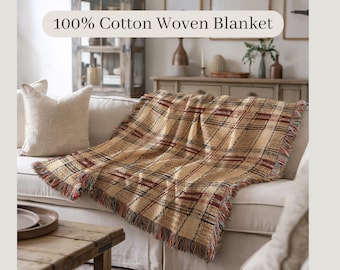 Tartan Plaid Cotton Woven Blanket - Scottish Lap Throw - Cozy Couch Blanket for Boyfriend