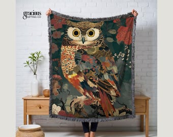 Floral Owl Cotton Throw Blanket - Cottagecore Woven Nature Decor - Earthy Woodland Cabin Decor