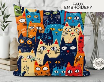 Colorful Cats Pillow Cover – Whimsical Faux Embroidery Throw Pillow