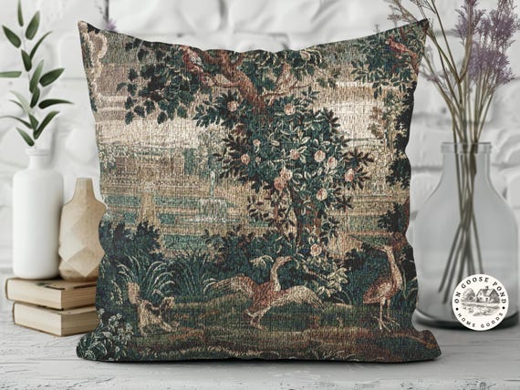 Verdure French Tapestry Pillow Woven - Vintage Landscape Pillow with Geese