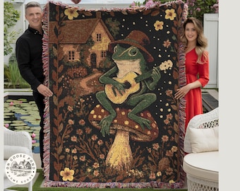 Banjo Frog Tapestry Blanket – Cottagecore Woven Cotton Throw