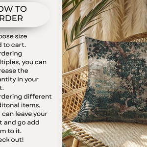 May include: A square cushion with a forest scene design, depicting trees, animals, and a landscape in green, brown, and beige tones. The cushion is on a wicker chair. The text "HOW TO ORDER" is visible.