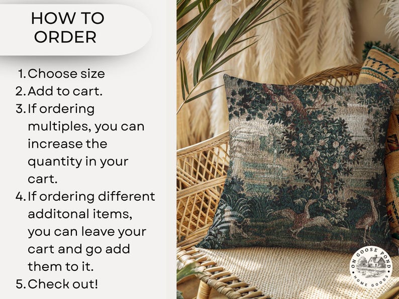 May include: A square cushion with a forest scene design, depicting trees, animals, and a landscape in green, brown, and beige tones. The cushion is on a wicker chair. The text "HOW TO ORDER" is visible.