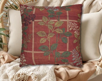 Floral Botanical Throw Pillow Cover – Rustic Red Accent Pillow – Vintage Garden Home Decor