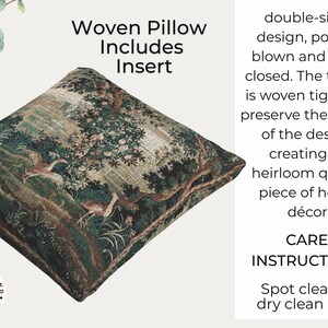 May include: Square woven cushion with a forest scene design in green, brown, and beige. The cushion includes an insert and has a double-sided design. The text "Woven Pillow Includes Insert" is visible.